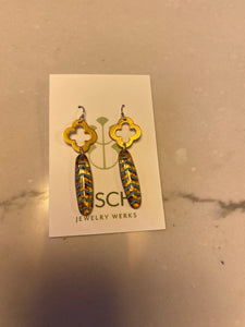 Gold Dangle Earrings w/ jagged teal design