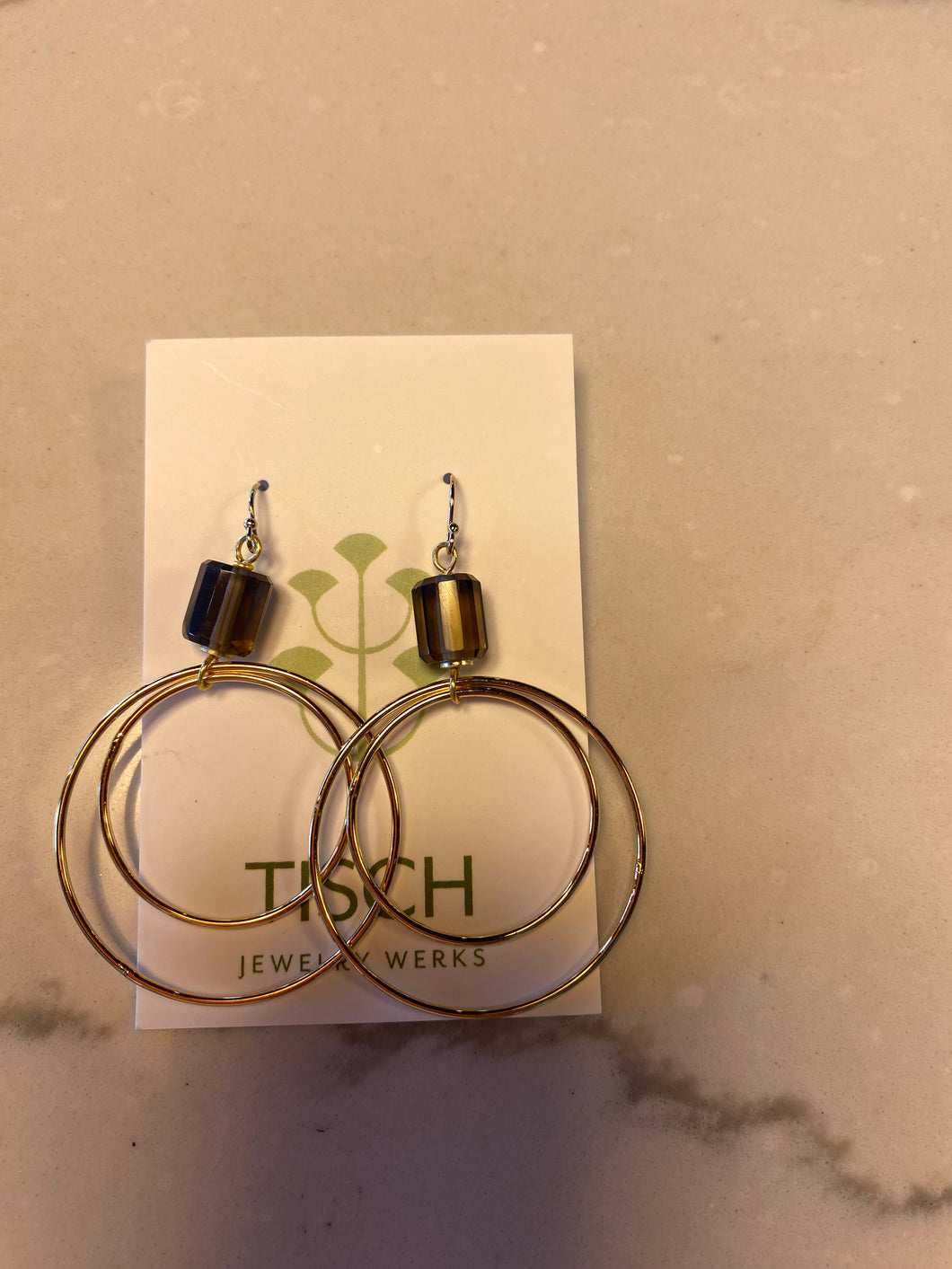 Gold Dangle Hoop Earrings w/ Amber Stone