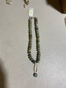 Aqua bead necklace w/ silver oval and teal bead