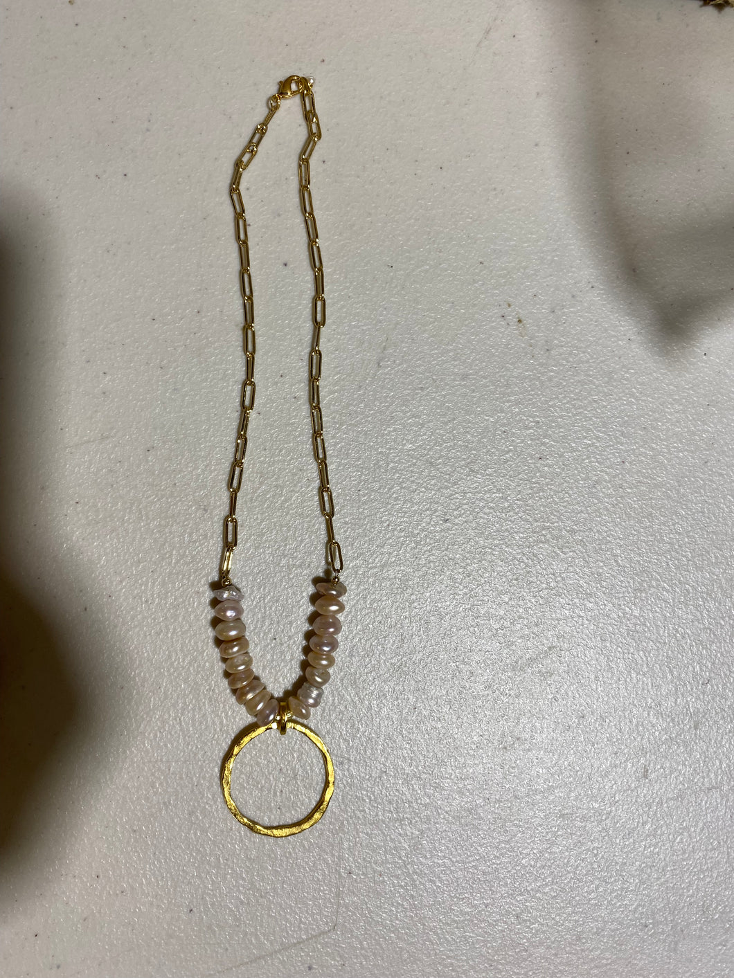 Gold Chain Necklace w/ white bead and gold circle
