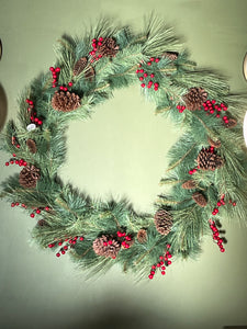36" Mixed Pine Berry Wreath / 2 tone Green