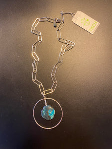 Silver Chain Necklace w/ circle/ teal round stone