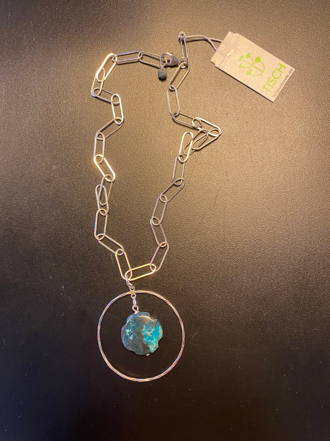 Silver Chain Necklace w/ circle/ teal round stone