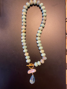 Teal/Gold stone necklace with rectangular Pearl & teardrop stone