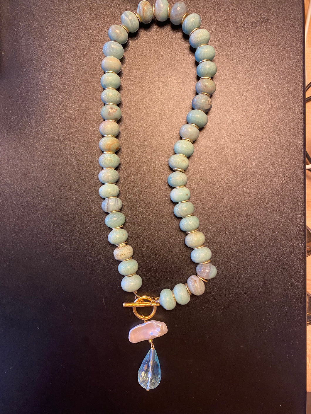 Teal/Gold stone necklace with rectangular Pearl & teardrop stone