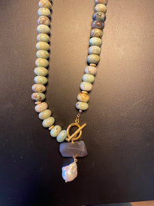 Teal/Gold Stone Necklace w/ rectangular stone & teardrop Pearl