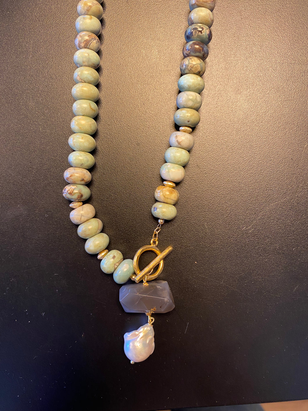 Teal/Gold Stone Necklace w/ rectangular stone & teardrop Pearl