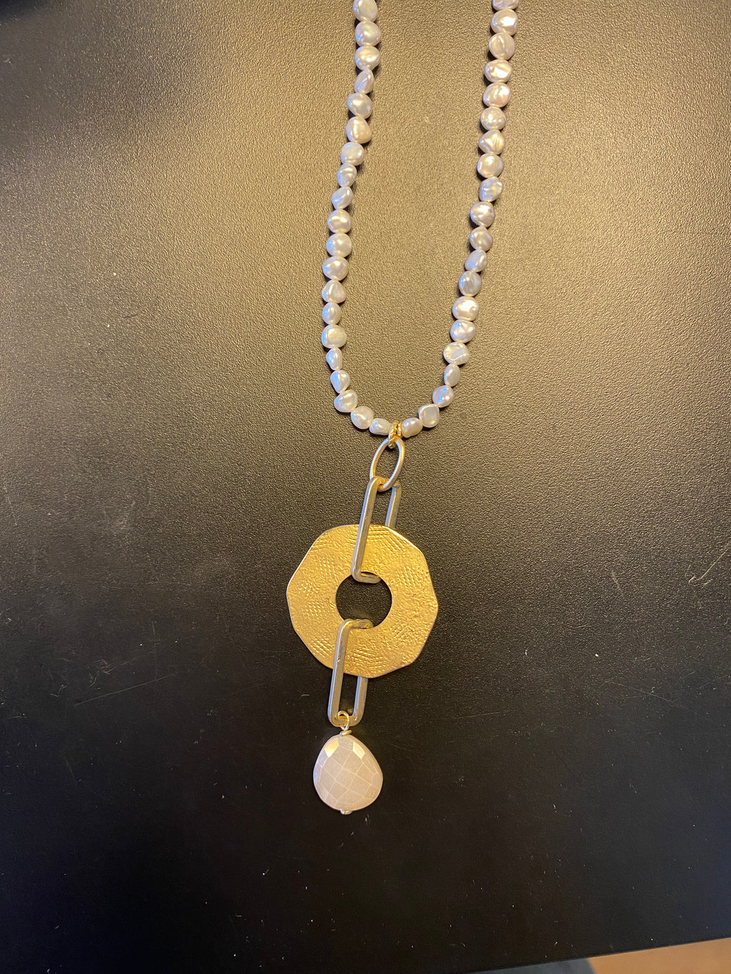 Long Mini Pearl Necklace w/ Gold Circle and white teardrop