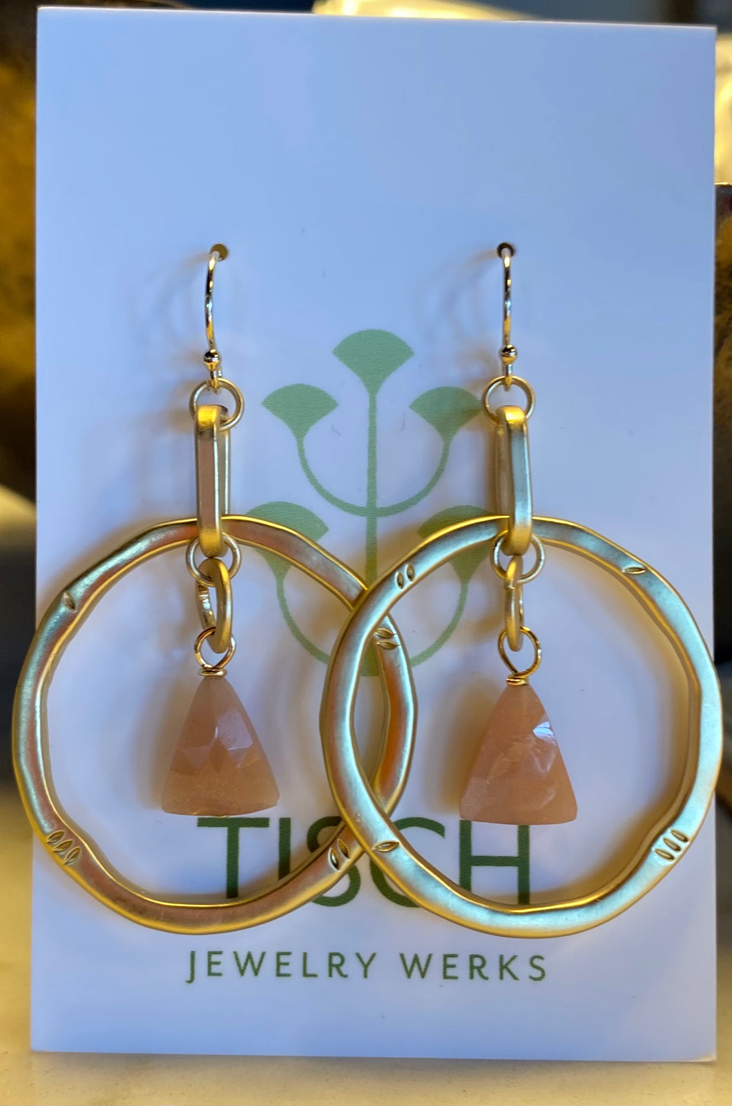 Gold Dangle Hoop Earrings w/ Pink Stone