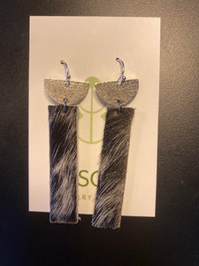 Silver Dangle Black Leather Rectangle Earrings