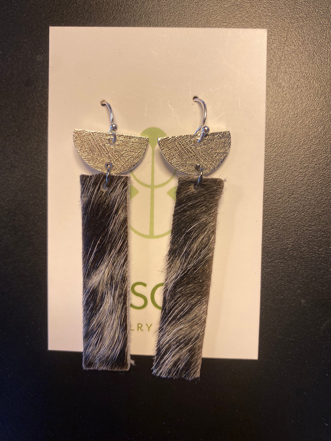 Silver Dangle Black Leather Rectangle Earrings