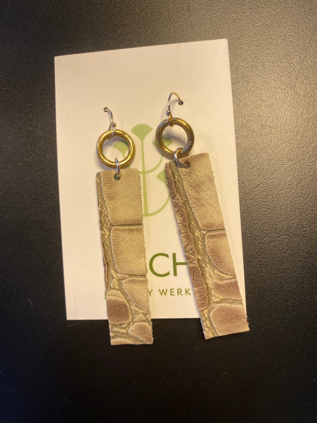 Gold Dangle w/ beige leather triangle earrings