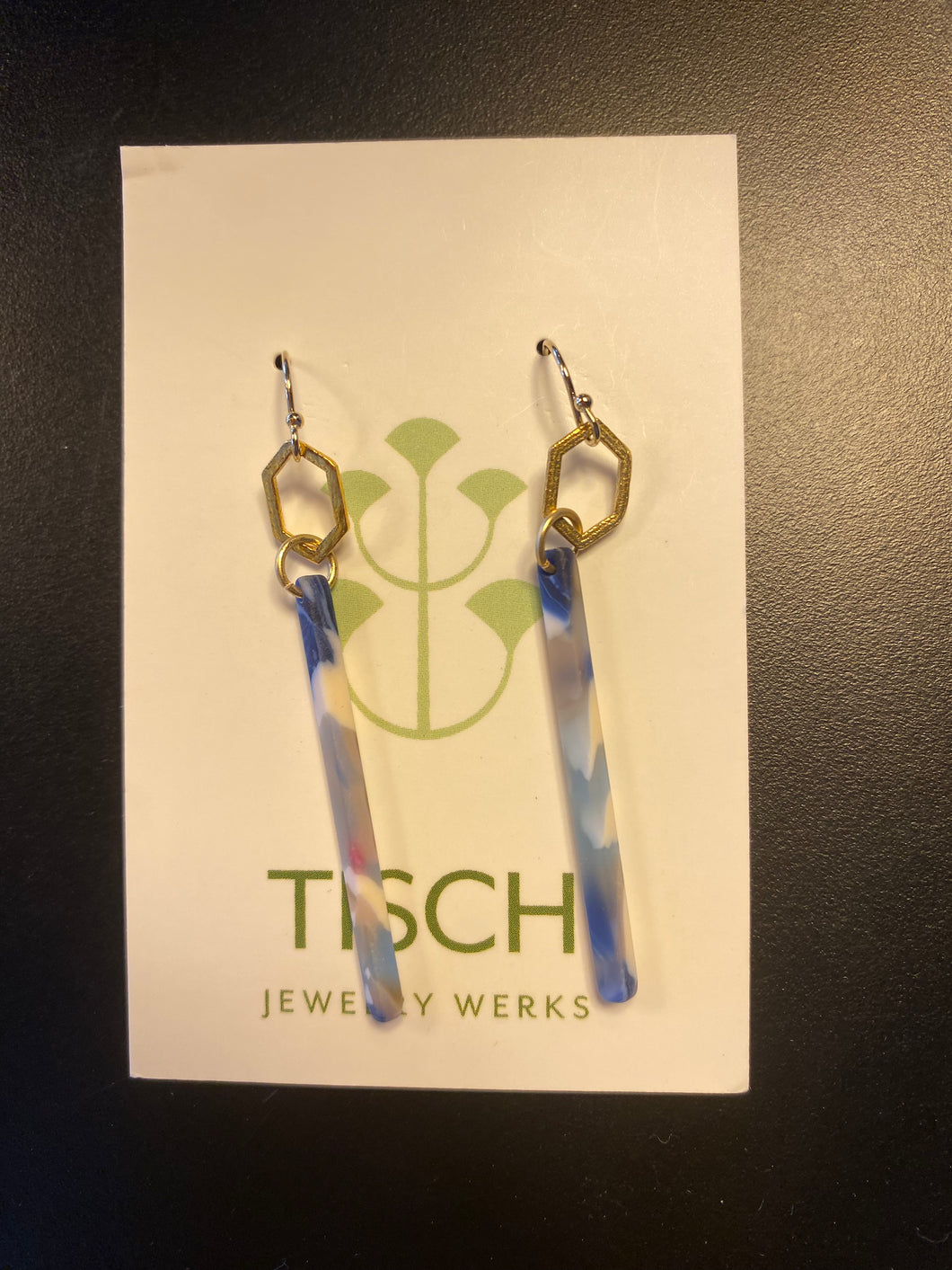 Gold, Blue Resin dangle earrings