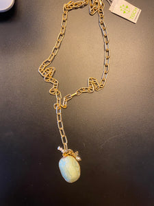 Long Gold Necklace w/ teal stone/small pearls