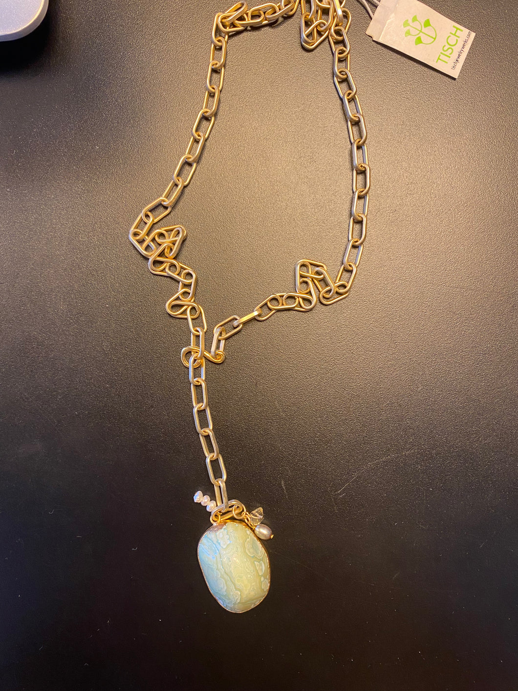 Long Gold Necklace w/ teal stone/small pearls