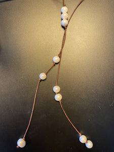 Long Brown Leather String Pearl Necklace